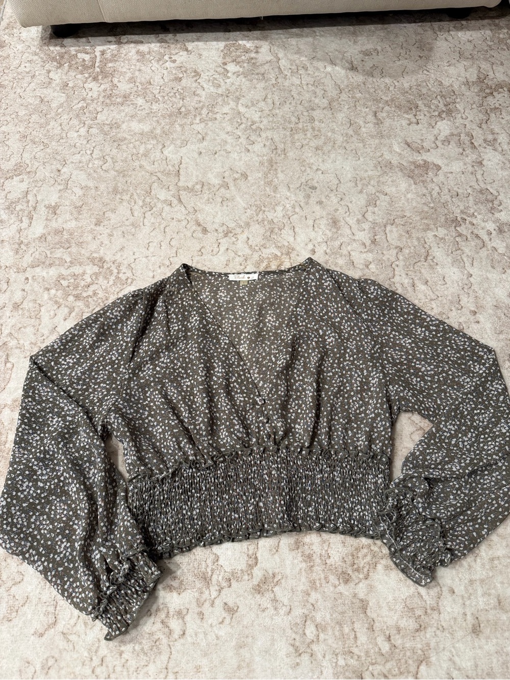Smocked Waist V-Neck Long Sleeve Top - Olive Floral